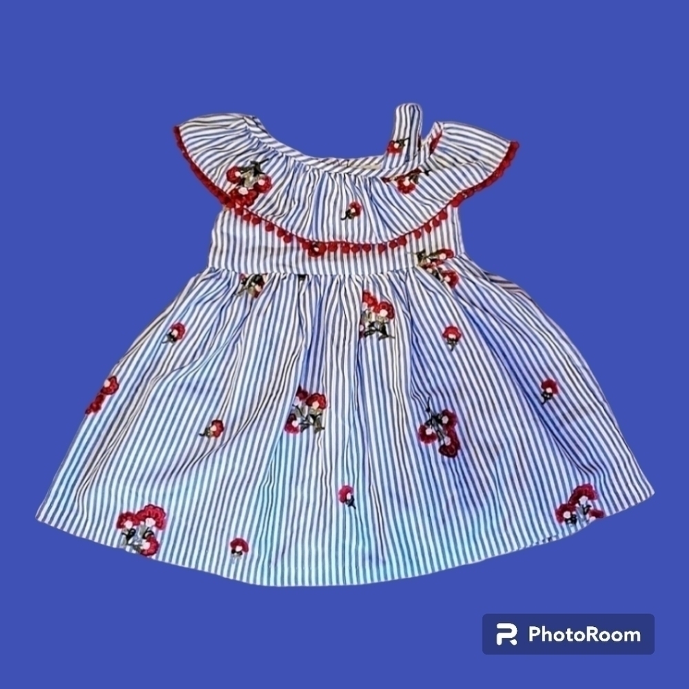 3/$30 RARE EDITIONS Blue Striped Floral Embroidered One Shoulder Dress